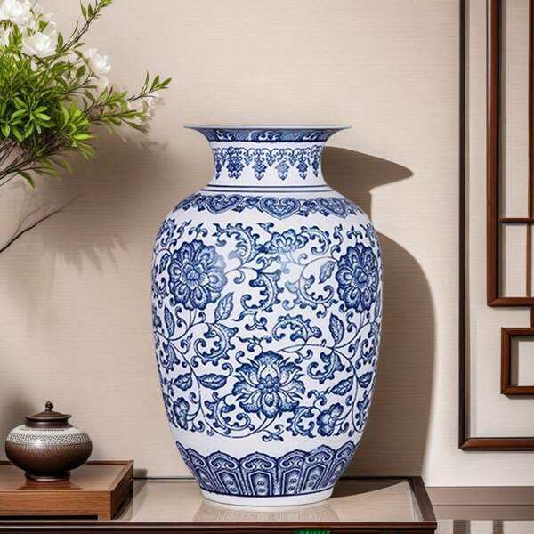 1 pieza Jarrón de porcelana clásico azul y blanco, adecuado para flores secas y decoración del hogar, decoración de mesa, jarrón decorativo | Jarrón de cerámica vintage para decoración de habitación, jarrón de flores, jarrón de vidrio