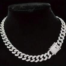 1Pc Exaggeration Hip Hop Alloy Cuban Chain Necklace Artificial Crystal Women Men Jewelry Birthday Present - Silver - View 3