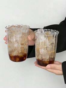 1PC 420ml 14.2oz Vertical Stripes Glass Cup, Flower Shaped Water Cup, Iced Coffee Cups, Drinking Cups, Transparent Glass Cup, Portable And Simple Style Water Cup, Reusable High-Quality Coffee & Juice Cup, Multi Functional Beverage Container, Perfect For Home, Office, Beach, All Kinds Of Parties, Suitable For Cold Drinks, Coffee, Juices, Whiskey, Milk, Iced Americano And Latte Drinks, Drinking Glass ﻿