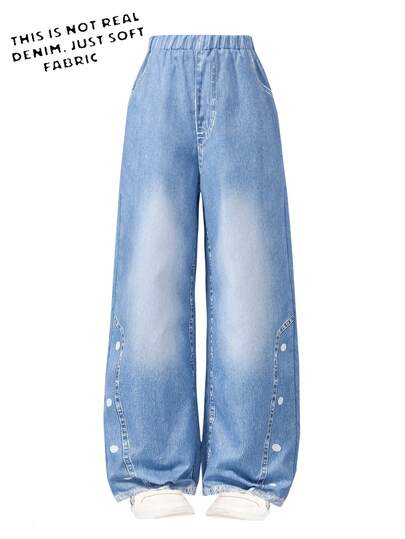 Teen Girl Casual Fashion Digital Print Denim Effect Straight Leg Pants