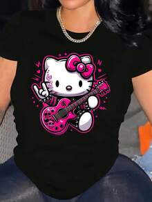 SANRIO Women's Short-Sleeved Crew Neck Casual T-Shirt With  Print. Made Of Pure Cotton. Machine Washable. Suitable For All Seasons. Summer Wear. Fun, Sexy, Avant-Garde And Personalized Design. Opaque Fabric. - 黑色 - 查看 1