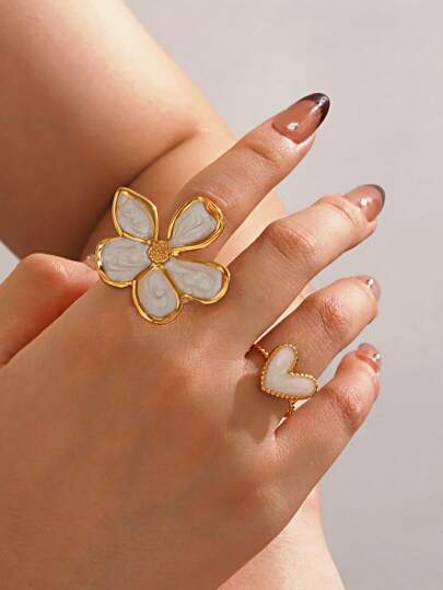 2 Stücke Edelstahl modischer Herz- & Blumenring-Set, geeignet für den täglichen Gebrauch, Reisen, Einkaufen, Partytragen von Frauen