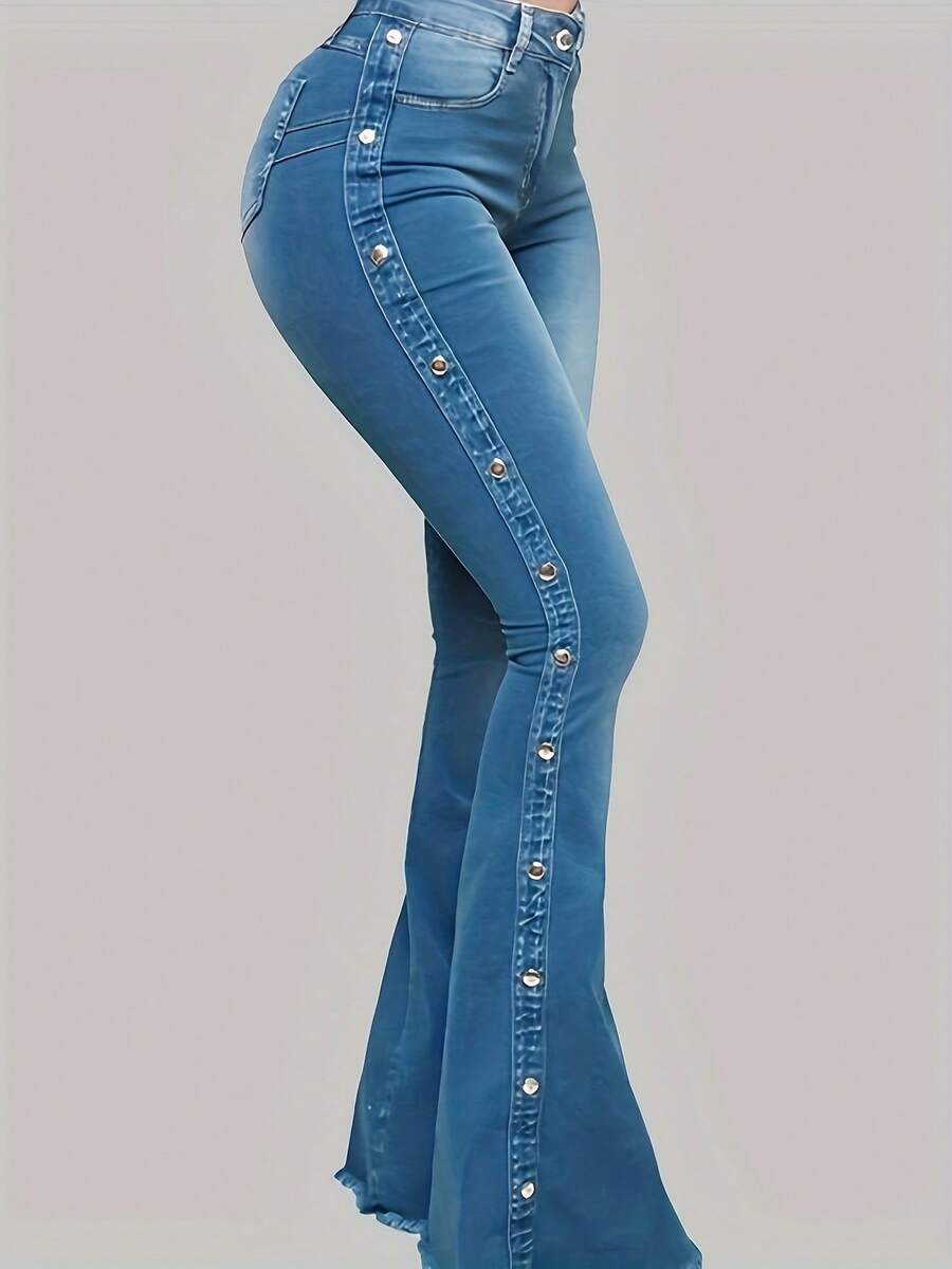 High Waist Flare Bell Bottom Jeans For Women – Stretchy Slim Fit Denim Pants With Side Button Detail - 藍色 - 查看 1
