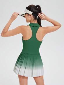 AFZ 2PCS Women's Polo Vest And Ombre Pleated Skirt Set Fixed-Pad Top With Anti-Slip Zipper And Skirt With Inner Shorts And Pockets, Perfect For Summer Sports - 沼澤綠 - 查看 3