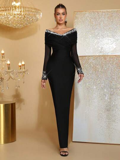 New Handmade Beaded & Rhinestone Embellished Sexy Off-Shoulder Long Sleeve Bodycon Dress, Elegant For Wedding Guest, Holiday Party, Women's Formal Evening Gown