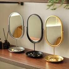 Espejo ovalado dorado elegante, con marco de metal estilizado, superficie de vidrio pulido, espejo de maquillaje portátil para decoración de dormitorio y puerta, sin necesidad de energía, decoración de dormitorio, diseño de espejo estilizado, espejo portátil, espejo decorativo de pared