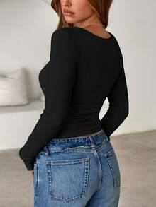 Women Spring And Fall Long Sleeve Shirts Ribbed Crewneck Fitted Basic Tee Going Out Tops Casual Workout Vacation Outfits - 黑色 - 查看 2