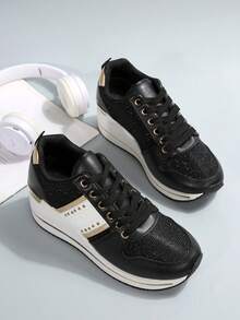 时尚舒适一脚蹬防滑女式厚底运动鞋，轻便休闲侧拉链设计简约白色鞋子，PU 网眼面料纯色休闲女鞋 - 黑色 - 查看 8