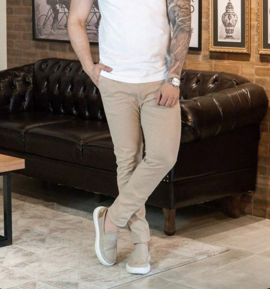 Men's Slim Casual Traditional Twill Pants With Built-In Pocket - 卡其色 - 查看 1