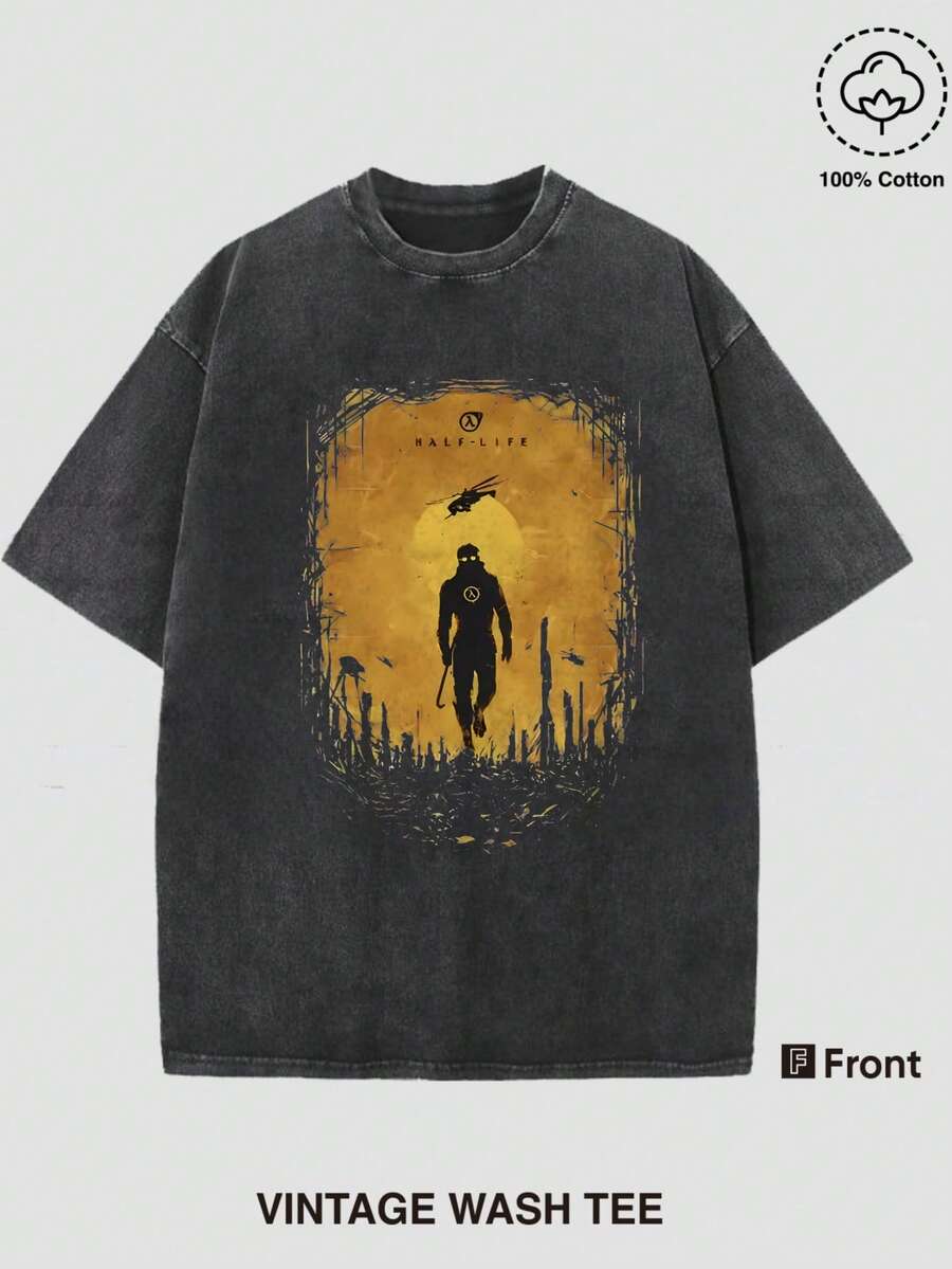 Men's Vintage Wash Tee - Half-Life Logo Print Casual Daily Wear - Vintage T-Shirts - Graphic T-Shirts - Graphic Tees Men's Clothes - Crew Neck Short-Sleeved Shirts, Summer Street Style Outfits - Men's Gifts - 黑色 - 查看 1