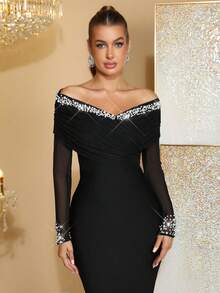 新款手工串珠水钻装饰性感露肩长袖紧身连衣裙，优雅适合婚礼宾客、节日派对、女士正式晚礼服 - 黑色 - 查看 8