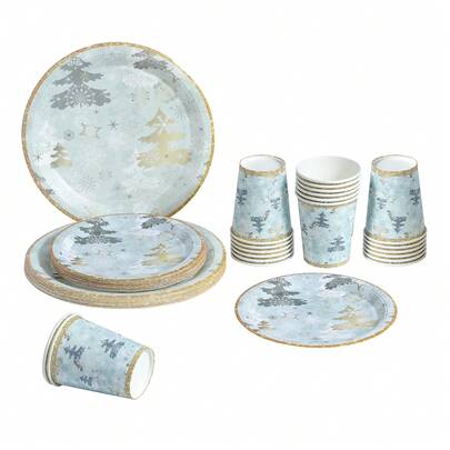 60pcs/Set Green Christmas Tree Themed Tableware Set, Christmas Party Supplies, 9"/7" Paper Plates & Dessert Plates, Cups, Napkins