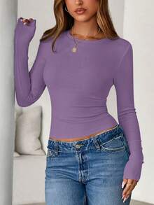 Women Spring And Fall Long Sleeve Shirts Ribbed Crewneck Fitted Basic Tee Going Out Tops Casual Workout Vacation Outfits - 紫色 - 查看 3