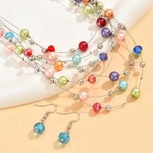 3PC Boho Multilayer Colorful Imitation Pearl Beads Necklace&Earrings Set For Women Jewelry Set Party Wedding Gift - 彩色 - 查看 3
