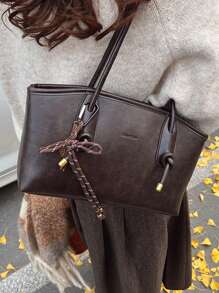 女士优雅纯色手提包，时尚大容量休闲单肩包，适合日常使用，多功能高品质通勤包 - 咖啡棕 - 查看 5