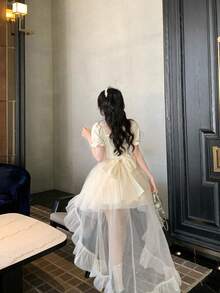 2025 New Arrival Half Love Word Big Ribbon Princess Dress Jacquard Fluffy Fine Glitter Trailing Dress Birthday Dress - Apricot Skirt - View 7