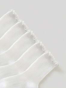 5双装儿童白色竖条纹蕾丝边短袜，简约时尚百搭，亲肤柔软透气，休闲中筒袜，适合返校、日常穿着、节日礼物、旅行、开学季等场合。 - 彩色 - 查看 3