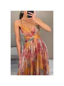 2025 New Mesh Printing Suspender Dress INS Vacation Casual Party Dress - Orange - View 3