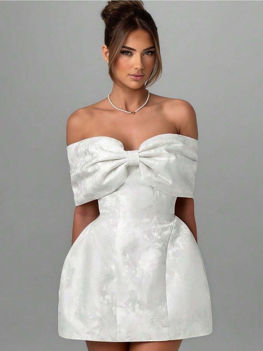 Summer Sweet Slim Jacquard Chest Tie Bow Jumpsuit Short Skirt One-Shoulder - White - View 1