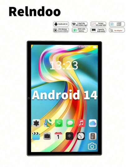 Relndoo 2025 TopS 安卓 14 10 英寸平板电脑，(4GB+4GB) 内存 + 64GB 存储空间，1280*800 高清触摸屏，2MP+8MP 双摄像头，RK3562 四核 2.0GHz 处理器，6000mAh 电池，支持 1TB SD 卡扩展，802.11n 2.4G/5G WiFi，GPS，认证平板电脑（不含适配器）