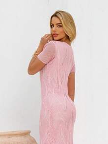 Casual Short Sleeve Midi Dress With Fringe Knit - Baby Pink - View 4