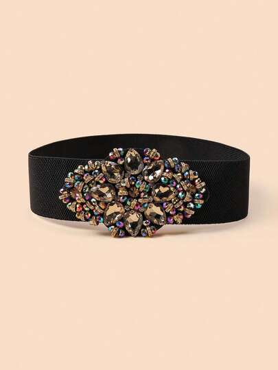 1pc Elegant Beige Rhinestone & Sequin Decor Elastic Waist Belt, Boho Style, Suitable For Robes, Long Dresses, Skirts, Formal Gowns, Suitable For Students, Casual Women, Business Ladies, Christmas & Halloween Party Gift