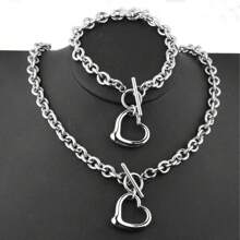 2pcs Stainless Steel Fashion Jewelry Set - Heart Shaped Necklace & Bracelet, Unisex, Holiday Gift