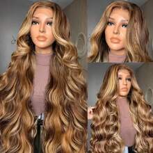 NARNI 34 Inch 250% Density Honey Blonde Human Hair Wig 13x6 HD Highlight Body Wave Lace Front Wigs Human Hair Pre Plucked Glueless Human Hair Wig 4/27 Brown Colored Lace Front Wig With Baby Hair For Women - S4/27 - Xem 3