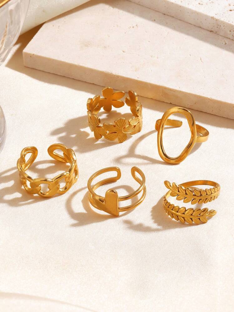 5pcs/Set Stainless Steel 18K Gold Plated Oval, Heart, Flower, Leaf Shaped Open Ring Set, Suitable For Women's Daily Wear - Multicolor - View 6