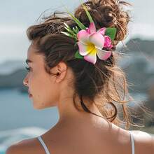 1pc Tropical Artificial Hibiscus Flower Hair Comb - Hawaiian Bridal Hair Accessory, Includes Yellow, Blue, Pink Flowers And Green Leaves, Suitable For Straight/Wavy/Curly Hair - Beach Wedding Decor, Tropical Party Accessory, Realistic Floral Design, Polyester Flower Print Boho, Combs, Hair Comb, Side Comb, Combs For Hair, Bride To Be