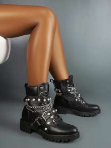 女式系带厚底踝靴哥特式厚底靴金属装饰链条拉链朋克风格摩托车靴黑色 - 黑色 - 查看 7
