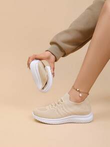 Women's Lightweight Breathable Walking Shoes - Comfortable Mesh Sports Shoes With Stable Support, Four-Season Casual Fashion Footwear, Women's Sneakers, Stylish Design - 米色 - 查看 7