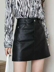 A-Line PU Leather Pencil Skirt, Flattering And Slimming, Suitable For Commuting - Black - View 1