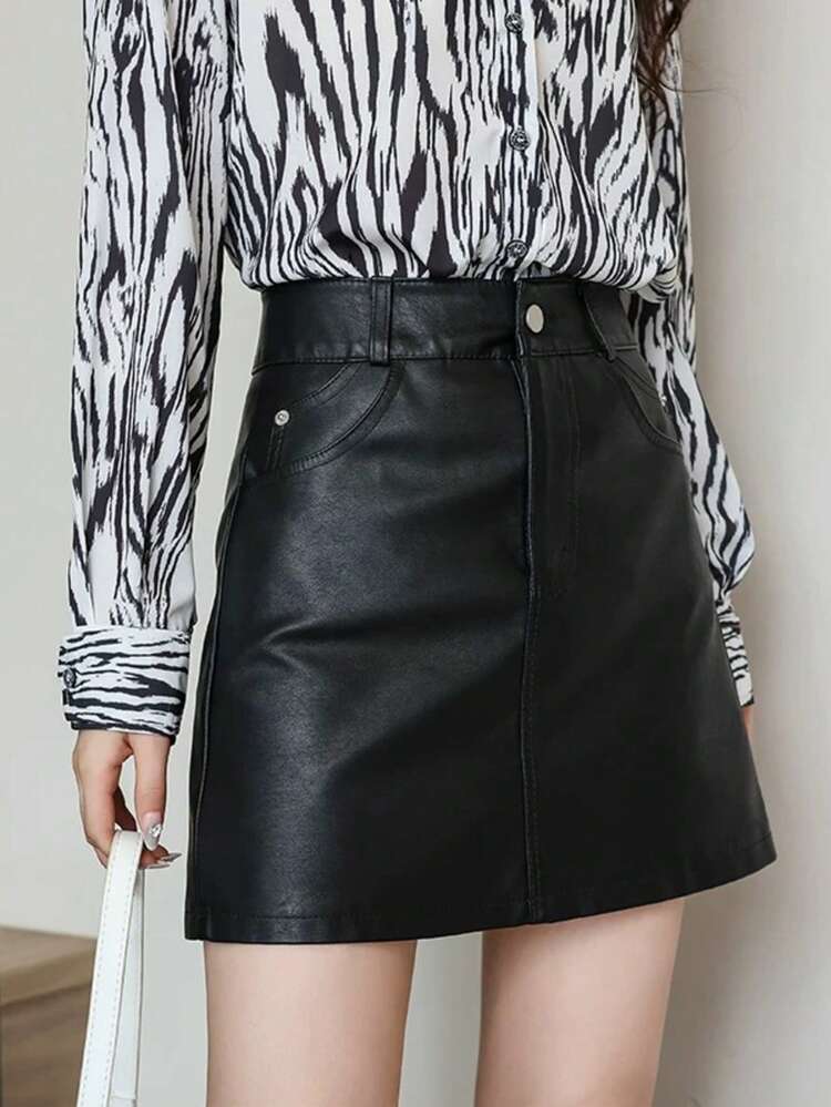 A-Line PU Leather Pencil Skirt, Flattering And Slimming, Suitable For Commuting - Black - View 1