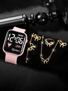 6件套时尚简约LED方形数字手表及粉色蝴蝶手链项链耳环戒指首饰套装，儿童返校礼物，无包装盒