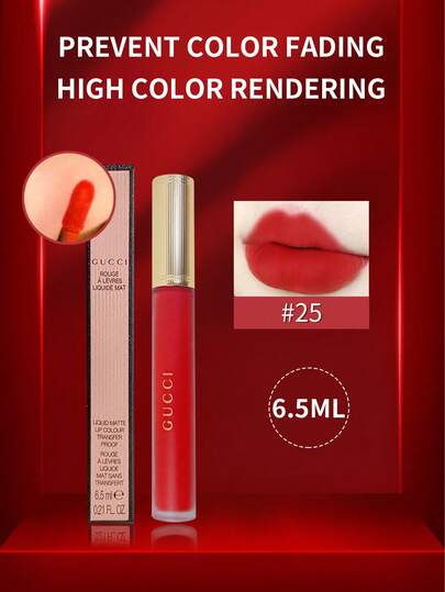  Gucci 液体唇膏 25 金色红色 6.5 毫升/0.21 盎司高显色、持久哑光唇膏，天鹅绒般质感 | 舒适、轻盈的配方，不会使嘴唇干燥 | 一次滑动即可呈现浓郁、浓郁的色彩 | 顺滑、轻松涂抹，打造精准、轮廓分明的双唇 | 适合日夜使用、特殊场合和日常魅力 | 完美打造大胆、精致的妆容