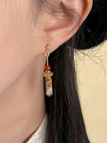 1 Pair Of 925 Sterling Silver Jewelry Women'S Earrings, Handmade In Vintage Tassel Bead Wood, Using Natural Red Agate, Gold Sand Glass Beads, Tiger Eye Stone, Ear Protection, Low Allergenicity, Durable, Suitable For Daily Wear And Vacation Beach Accessories, Bohemian Style