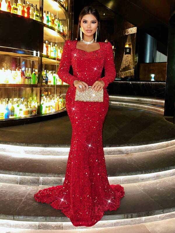 CHOSMO CHOSMO New Autumn Sequins Long Sleeve Orange Prom Dresses Gorgeous Elegant Slim High Waist Elegant Evening Dresses Long Women's Dresses Long Gowns,Birthday Outfit For Women