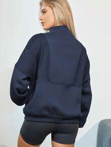 tooluck Women's Long-Sleeved, Loose-Fitting, Fleece Sweatshirt With A Half-Zipper. A Fashionable, Cropped Pullover With Warm, Athletic Fit. Loungewear With Pockets S-2XL - 藏蓝色 - 查看 3
