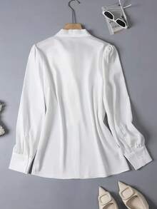 Women's Elegant Satin White Long Sleeve Casual Shirt, Versatile Commuter Blouse With Bow Collar Detail - Solid Color Suitable For All Seasons, Machine Washable Non-Sheer, Soft & Breathable Fabric, Refined Satin Texture, Solid Color Tie For Office & Daily Wear