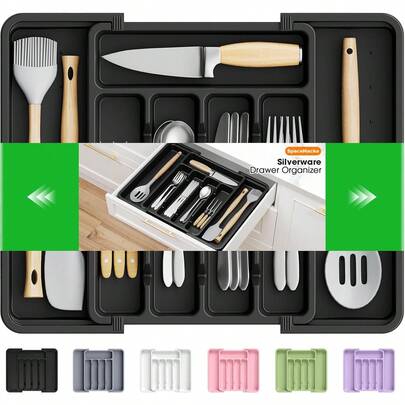 Organizador de Cubiertos, Organizador de Cajones de Utensilios Ajustable y Expandible, Soporte de Utensilios Libre de BPA, Bandeja de Cubiertos para Tenedores, Cucharas, Cuchillos en la Cocina, Mediano, Negro