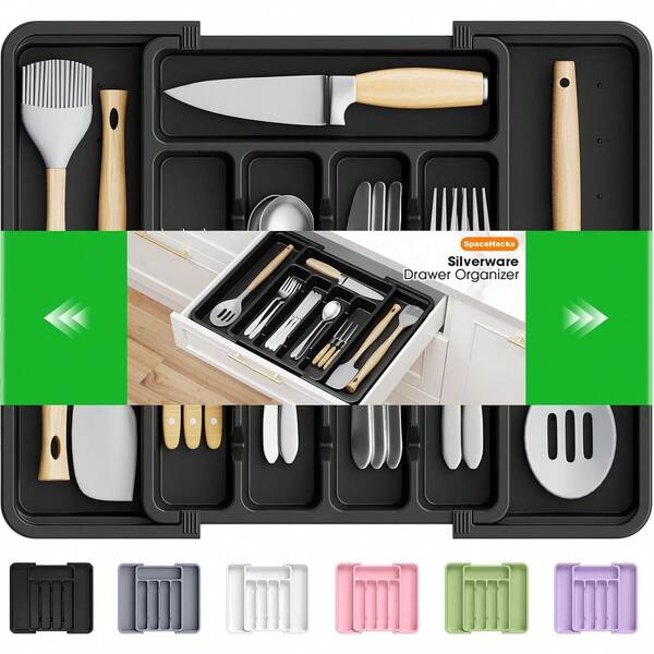 Organizador de Cubiertos, Organizador de Cajones de Utensilios Ajustable y Expandible, Soporte de Utensilios Libre de BPA, Bandeja de Cubiertos para Tenedores, Cucharas, Cuchillos en la Cocina, Mediano, Negro