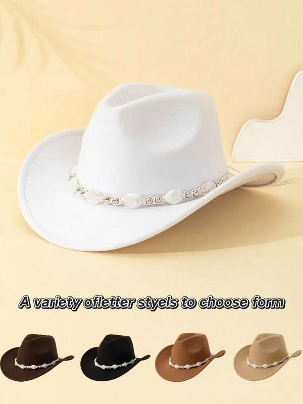 A Fashionable And Colorful Upturned Hat Decorated With White Turquoise Beads, A Western Cowboy-Style Felt Hat, Suitable For Men, Women And Teenagers For Outdoor Vacations, Grasslands, Christmas And Halloween Parties, And Festival Outfits (Plastic Hard Hat Tray + Wrapped With Cling Film)