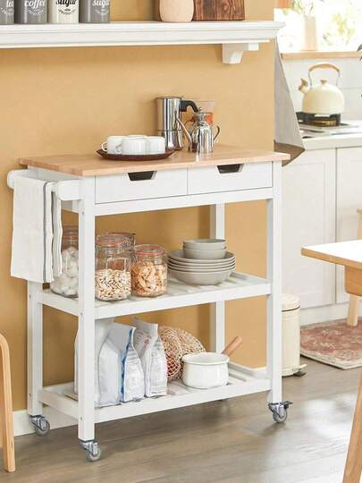 SoBuy FKW68-WN, Kitchen Storage Trolley Serving Trolley Kitchen Shelf With Rubber Wood Top 2 Drawers 2 Shelves