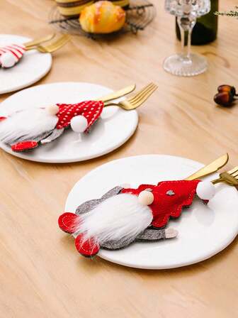 Juego de 3 piezas/1 pieza de cuchillo y tenedor con figura de hombre viejo sin rostro navideño, juego de vajilla de Rudolfo, artículos de decoración navideña, adecuado para decoración de Navidad, decoración de mesa de sala de estar y comedor, artículos para fiesta y reunión navideña, adornos de mesa