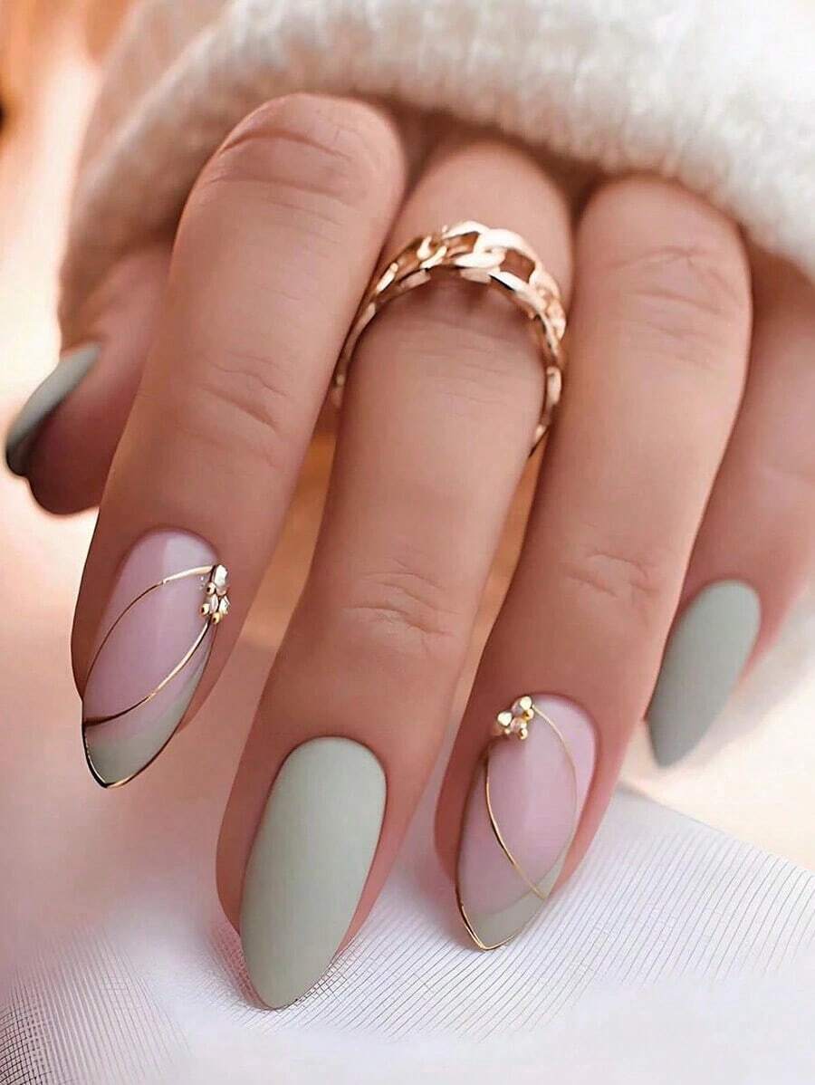24pcs Medium Almond Shaped Spring Leaf Pattern Glitter Nail Stickers, Full Coverage Shiny Fake Nails, Suitable For Women And Girls Daily Wear - 多色 3 - 查看 1