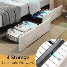 Bed Frame With 51.2'' Tall Bookcase Headboard, Farmhouse Platform Bed With 4 Storage Drawers, Linen Upholstered Design With Charging Station And Storage, Modern Bedroom Furniture, Rustic White - 查看 9