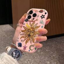 Light Pink Silicone Phone Case With Artistic Sun & Celestial Elements (Embroidered Sun, Stars, Planets, Hand - Crafted Style) - Stylish, Shockproof, Thick Protective Cover For IPhone 16/16 Pro/16 Plus/16 Pro Max/15 Pro Max/13/14/12