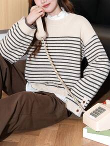 Alicedudu Damen lässiger gestreifter Pullover mit Rundhalsausschnitt und Knopfdesign an den Ärmeln, Herbst/Winter - Milchteefarbe - Übersicht 4