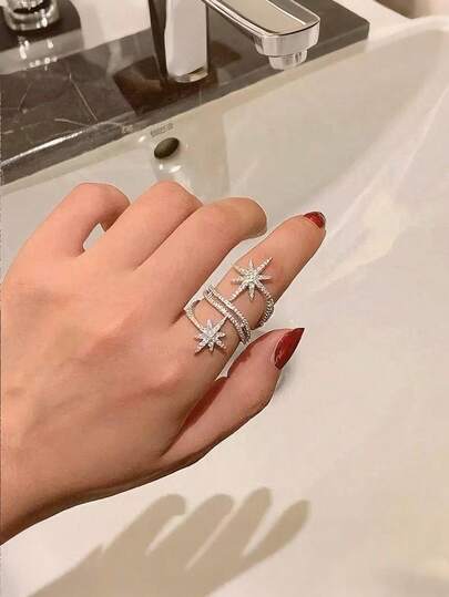 خاتم نسائي مزدوج الطبقة على شكل نيزك أبيض، بتصميم نيزك متقاطع مرصع بزركونيا مكعبة، لامع وملفت للنظر، مناسب للموضة الأوروبية والأمريكية، للارتداء اليومي وحفلات